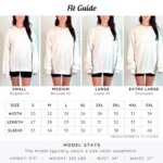 Sweatshirt fit guide on a 5 foot 5 model who usually wears size S: S regular fit, M relaxed, L loose, XL oversized. Width in inches from 20 (S) to 34 (5XL), length 27 to 34, sleeve 33 to 40