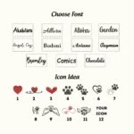 Embroidery font options: Akabiluru, Allura, Aloha, Garden, Angel Cry, Bodoni, Ariane, Cayman, Bromley, Comics and Chocolate. Icon ideas 1 to 12: heart, heart with swirl, satin heart, paw print, two paw prints, heart with paw, outlined and solid paws, LOVE with paw, angel wings with paw, infinity heart with paw, winged paw, or your own icon