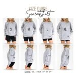 Sweatshirt unisex size chart guide showing body length and chest width measurements in inches from small to 5XL