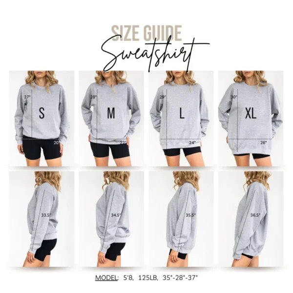Sweatshirt unisex size chart guide showing body length and chest width measurements in inches from small to 5XL