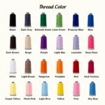 Embroidery thread color chart: Black, Dark Grey, Emerald Green, Lime Green, Prussian Blue, Blue, Dark Brown, Beige, Purple, Light Lilac, Lavender, Deep Rose, White, Light Brown, Tangerine, Pumpkin, Red, Dark Fuchsia, Cream Yellow, Flesh Pink, Light Blue, Yellow, Pink and Sky Blue