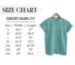 Garment-dyed T-shirt size chart with width and length measurements from S through 4XL