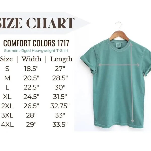 Garment-dyed T-shirt size chart with width and length measurements from S through 4XL