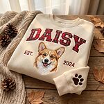 Cream Daisy custom corgi portrait sweatshirt with red plaid varsity name, EST. 2024, and paw print sleeve