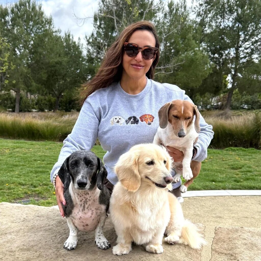 Custom Dog Embroidered Sweatshirt – Three Dachshund Pets Portrait on Model Woman wearing custom embroidered sport grey sweatshirt featuring three dachshund dog portraits while holding her three dogs in a park
