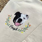 Custom dog face embroidered sweatshirt with pet name and floral wreath