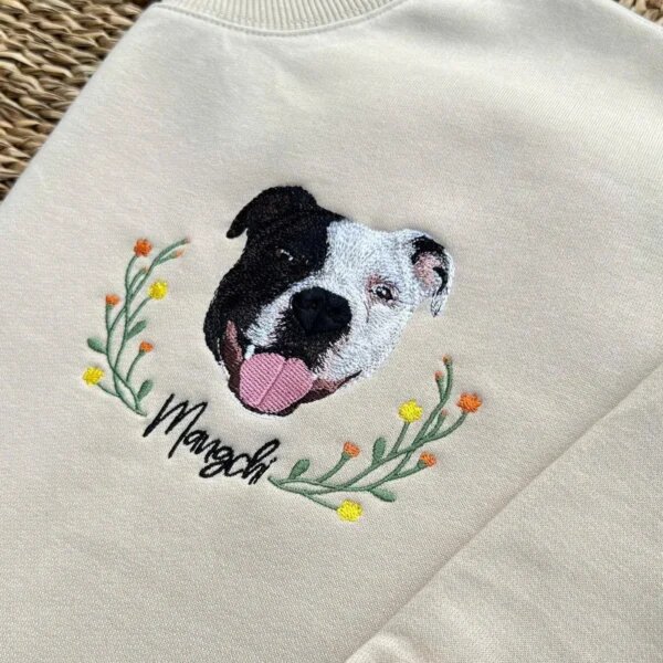 Custom dog face embroidered sweatshirt with pet name and floral wreath