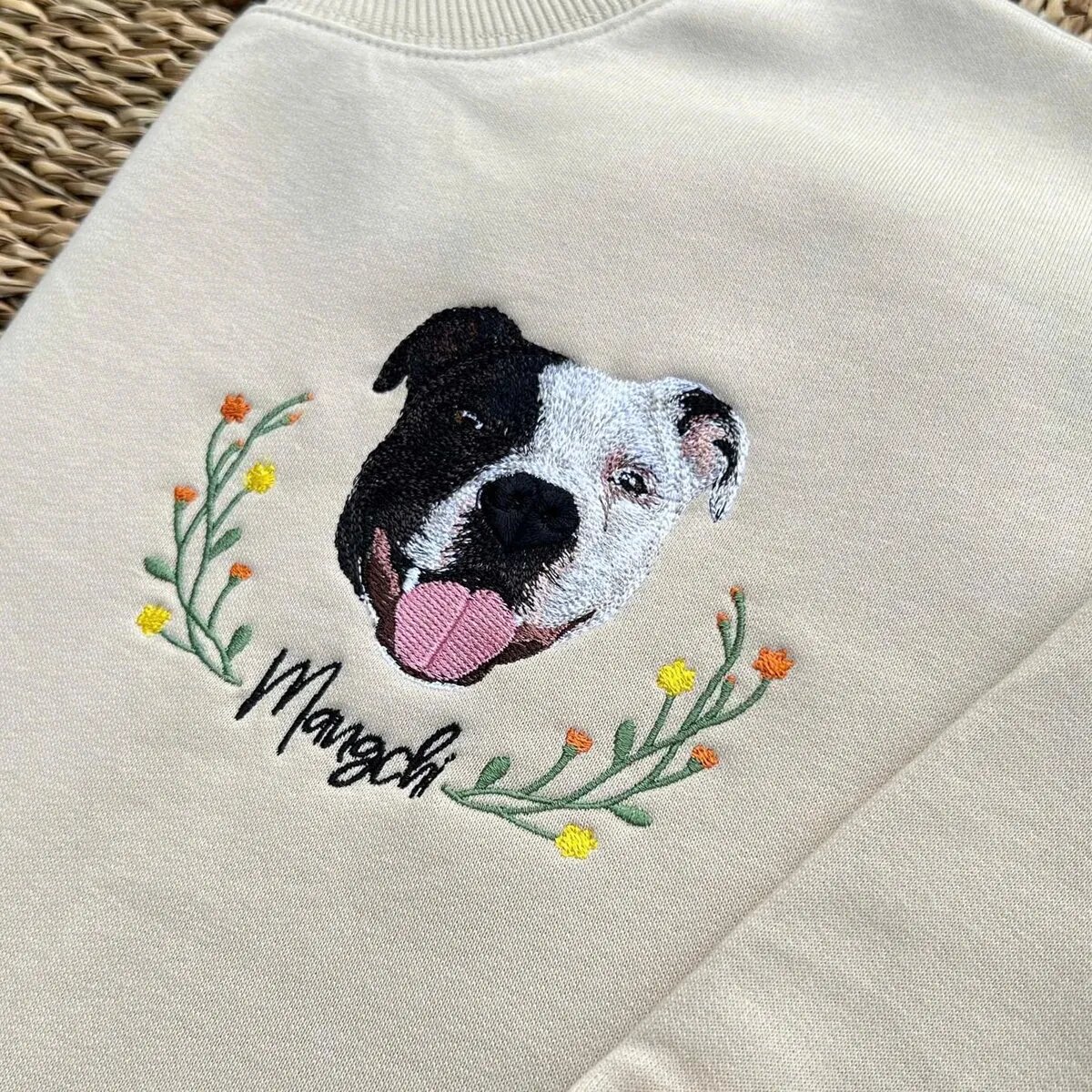 Custom Dog Face Embroidered Sweatshirt With Flower Wreath Custom dog face embroidered sweatshirt with pet name and floral wreath