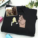 Custom embroidered horse and blonde rider portrait on black fleece hoodie with original horse photo inset comparison