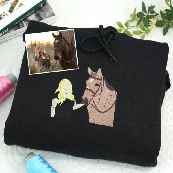 Custom embroidered horse and blonde rider portrait on black fleece hoodie with original horse photo inset comparison