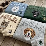 Custom gingham dog and cat portrait sweatshirts with varsity pet names, EST. years, and paw print sleeves