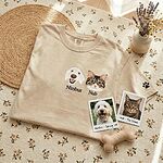 Custom pet portrait embroidered T-shirt shown with the dog and cat reference photos used for the design