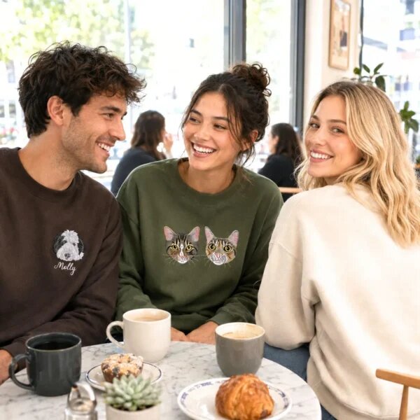 Three people wearing custom dog and cat portrait embroidered sweatshirts at a cafe