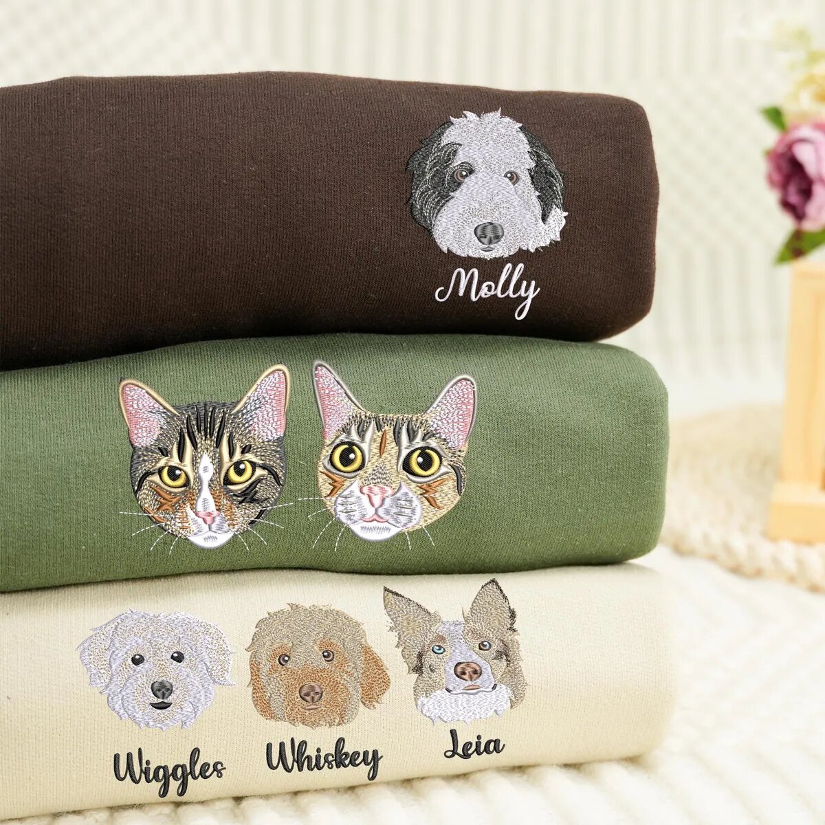 Custom Pet Portrait Embroidered Sweatshirts Dog and Cat Close-Up Custom pet portrait embroidered sweatshirts with one, two, and three dog or cat faces and personalized names
