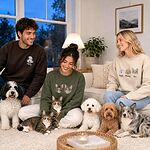 Pet owners wearing custom dog and cat portrait embroidered sweatshirts at home
