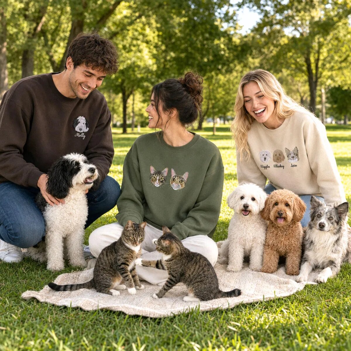 Custom Pet Portrait Embroidered Sweatshirts With Dogs and Cats in a Park Pet owners wearing custom embroidered portrait sweatshirts with dogs and cats in a park