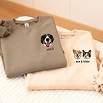Two custom pet portrait embroidered sweatshirts with one dog and a dog-and-cat pair plus personalized names