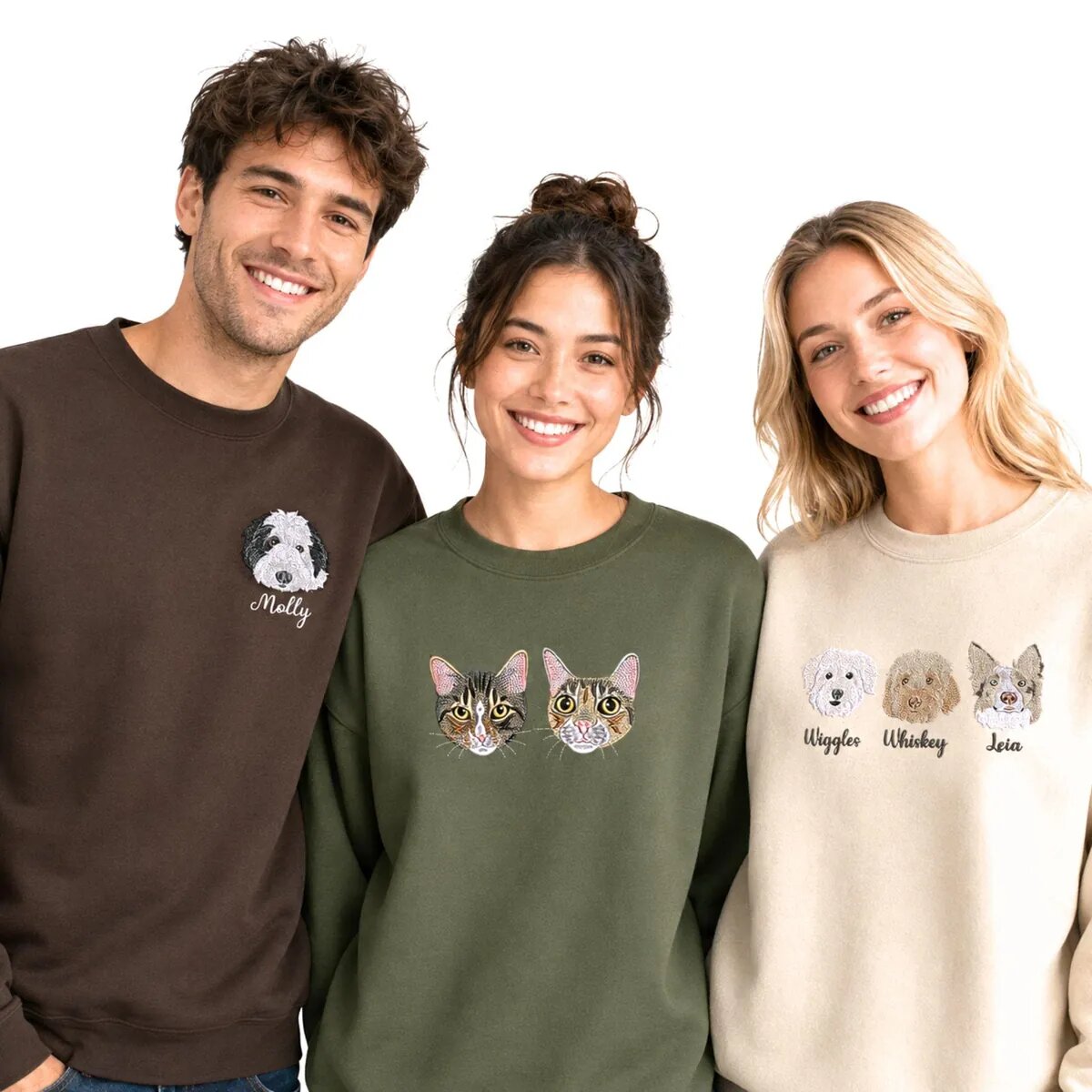 Custom Pet Portrait Embroidered Sweatshirts on Three Models Three models wearing custom dog and cat face embroidered sweatshirts on a white background