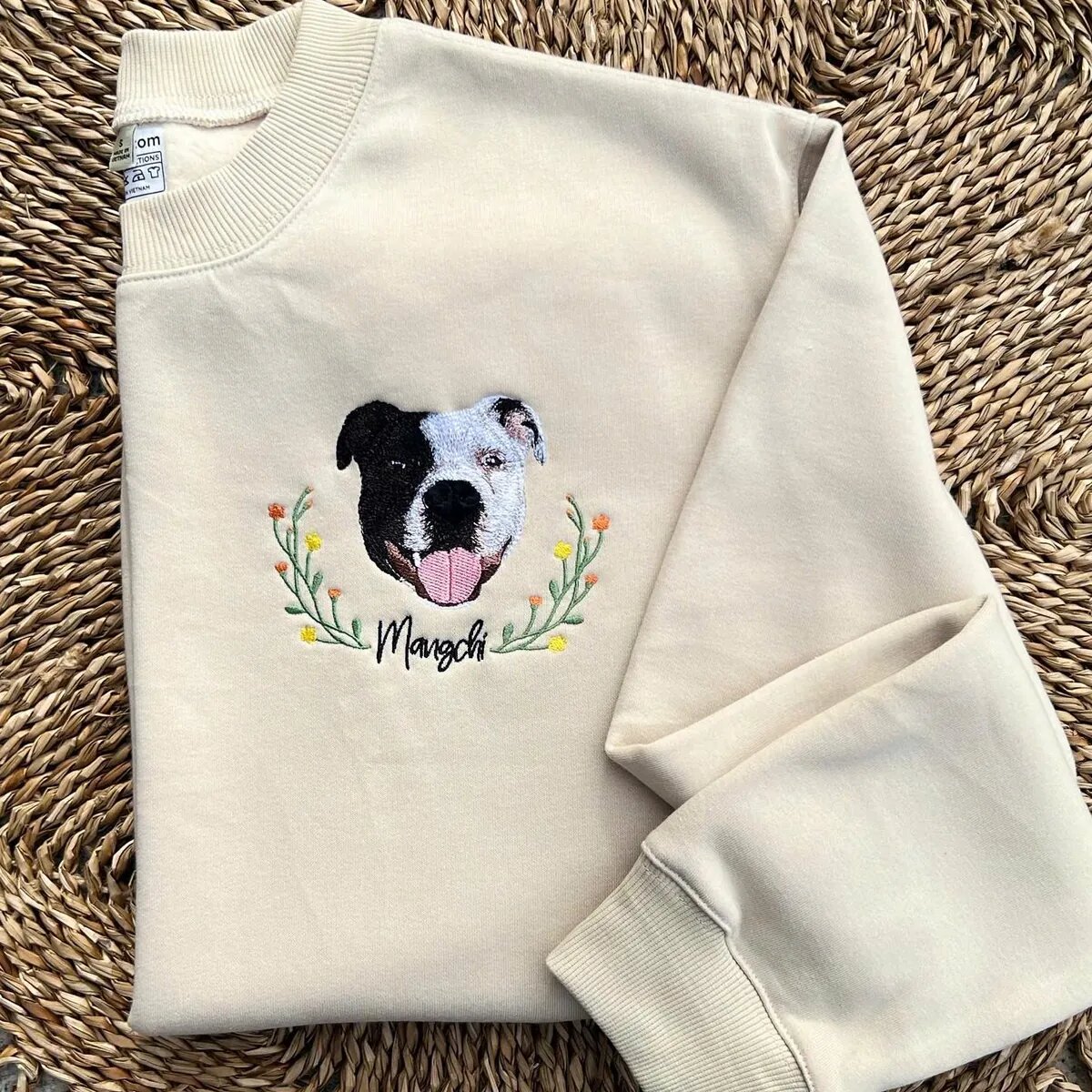 Custom Pet Portrait Floral Wreath Sweatshirt Cream custom pet portrait sweatshirt with floral wreath and embroidered name