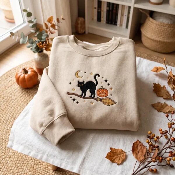 Cozy sand beige embroidered sweatshirt featuring a Halloween black cat on a witch broom with pumpkin, crescent moon, and autumn decor