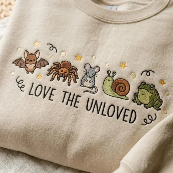 Close-up stitch detail of embroidered bat, tarantula spider, mouse, snail, frog, and Love The Unloved lettering