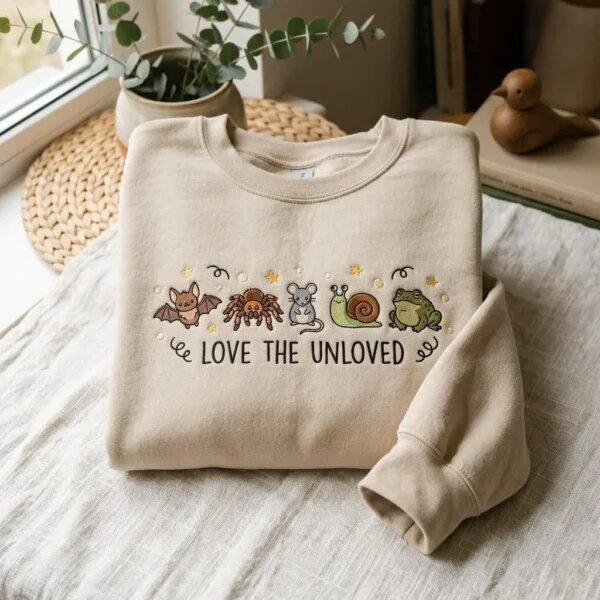 Folded sand beige sweatshirt with embroidered Love The Unloved bat spider mouse snail frog design next to eucalyptus plant and book