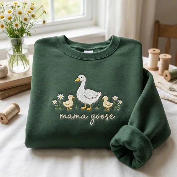 Cozy forest green embroidered sweatshirt with Mama Goose, two yellow baby goslings, daisy flowers, and vase on linen table