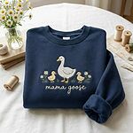 Navy blue crewneck sweatshirt with embroidered Mama Goose and yellow ducklings surrounded by flowers and wooden spools