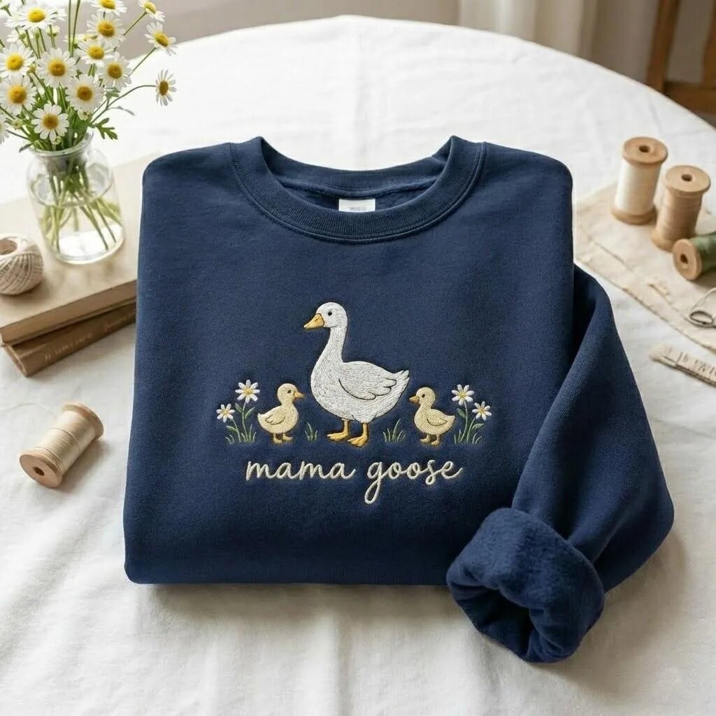 Embroidered Mama Goose Sweatshirt in Navy Blue Flatlay Navy blue crewneck sweatshirt with embroidered Mama Goose and yellow ducklings surrounded by flowers and wooden spools