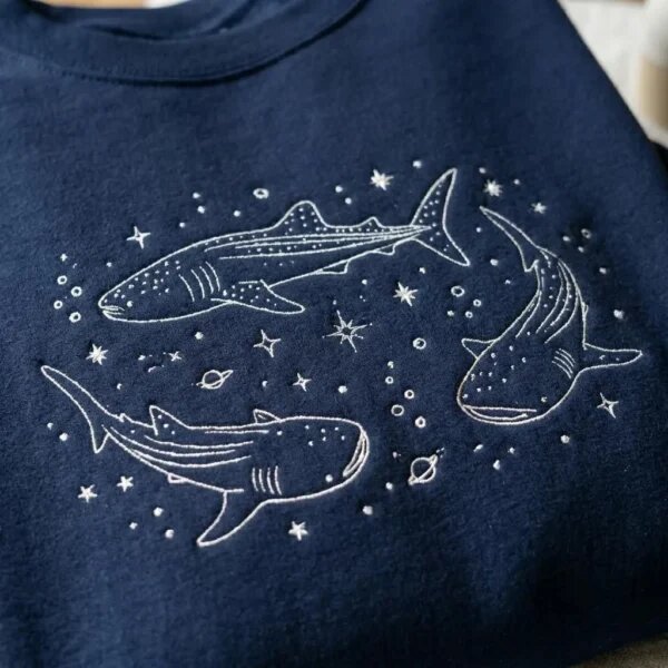 Close-up view of fine white thread embroidery showing three whale sharks swimming with stars, bubbles, and Saturn planet