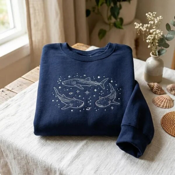 Folded navy blue sweatshirt with embroidered celestial whale sharks, stars, and planets next to seashells and vase of flowers