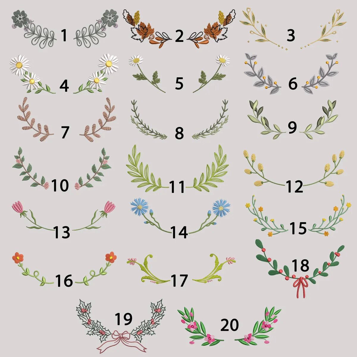 Flower Wreath Embroidery Design Options 1 to 20 Flower wreath embroidery design options 1 through 20 for a custom pet sweatshirt