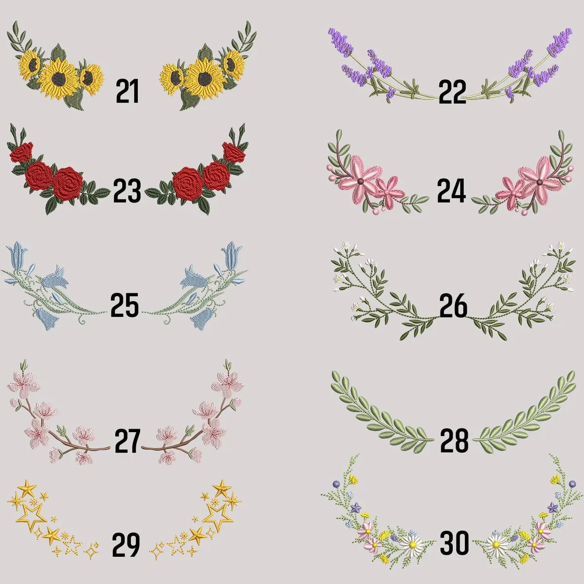 Flower Wreath Embroidery Design Options 21 to 30 Flower wreath embroidery design options 21 through 30 for a custom pet sweatshirt