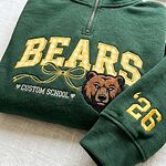 Forest green quarter-zip pullover with Bears gingham lettering, bear mascot and sleeve year