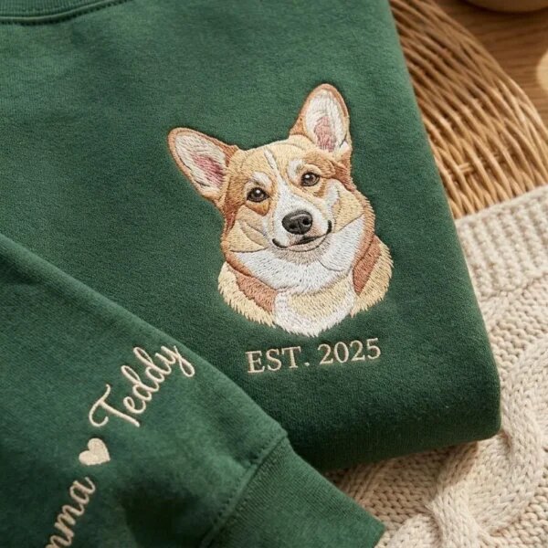 Forest green custom corgi portrait embroidered sweatshirt with EST. 2025 text and sleeve names
