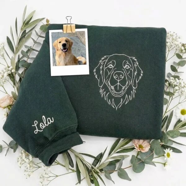 Forest green Dog Dad sweatshirt embroidered with a Golden Retriever portrait and the name Lola on the sleeve