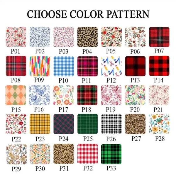 Gingham and floral pattern chart P01 through P33 for personalized varsity pet name lettering