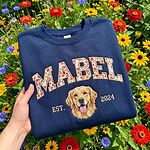 Navy custom gingham dog portrait embroidered sweatshirt with floral varsity pet name and EST. 2024