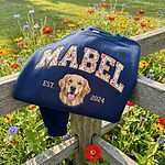 Navy Mabel custom dog portrait sweatshirt with floral varsity name, EST. 2024, and golden retriever embroidery