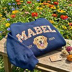 Navy Mabel custom golden retriever portrait sweatshirt with floral varsity lettering and EST. 2024