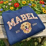 Navy Mabel dog portrait sweatshirt with floral varsity name embroidery and personalized EST. 2024