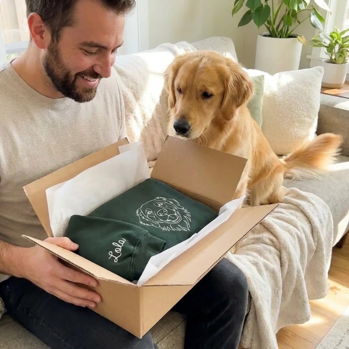 personalized-dog-dad-sweatshirt-gift-unboxing-golden-retriever Embroidered Dog Dad Sweatshirt With Pet Photo – Custom Pet Portrait - Image 4