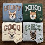 Personalized gingham pet portrait sweatshirts for corgi, shiba inu, French bulldog, and German shepherd
