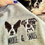 Sport grey crewneck sweatshirt featuring custom embroidered two dog faces with Mookie and Smalls text and pet in background