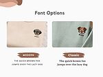 Modern and Classic font options for a personalized pet name beneath an embroidered dog portrait