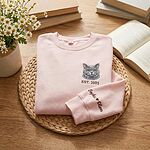 Pink custom cat portrait embroidered sweatshirt with EST. 2025 text and personalized sleeve names