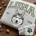 Sport grey Luna custom husky portrait sweatshirt with floral varsity name, EST. 2024, and green paw print sleeve