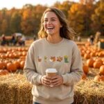 Smiling woman wearing custom embroidered autumn icons sweatshirt holding coffee in a sunny pumpkin patch with pumpkins and hay bales