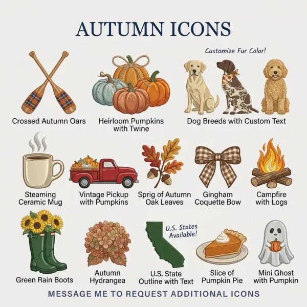 Custom autumn icons embroidery design catalog chart showing fourteen fall icons including pumpkins, dog breeds, vintage truck, campfire, pie, and coffee mug