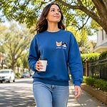 Woman walking down a sunny tree-lined street holding a takeaway coffee cup wearing a personalized blue Cat Mom embroidered sweatshirt and jeans